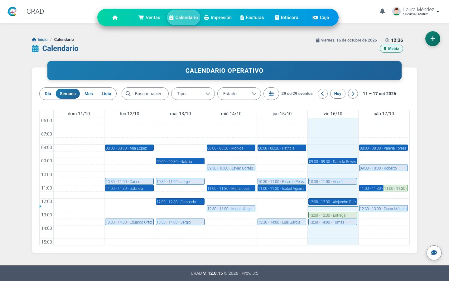 Agenda semanal de la sucursal con citas de rayos X, ultrasonido, mastografía y tomografía