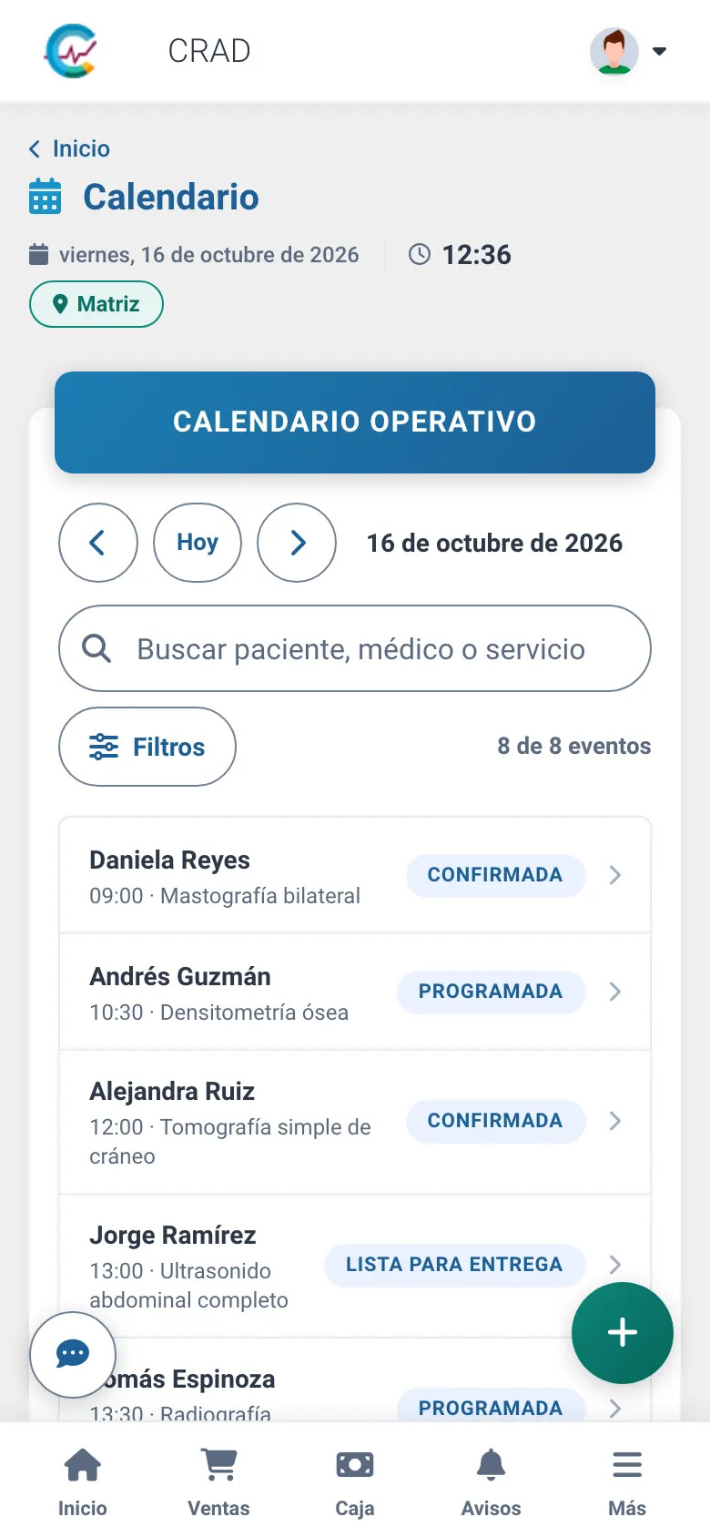 Agenda semanal de la sucursal con citas de rayos X, ultrasonido, mastografía y tomografía (en el teléfono)