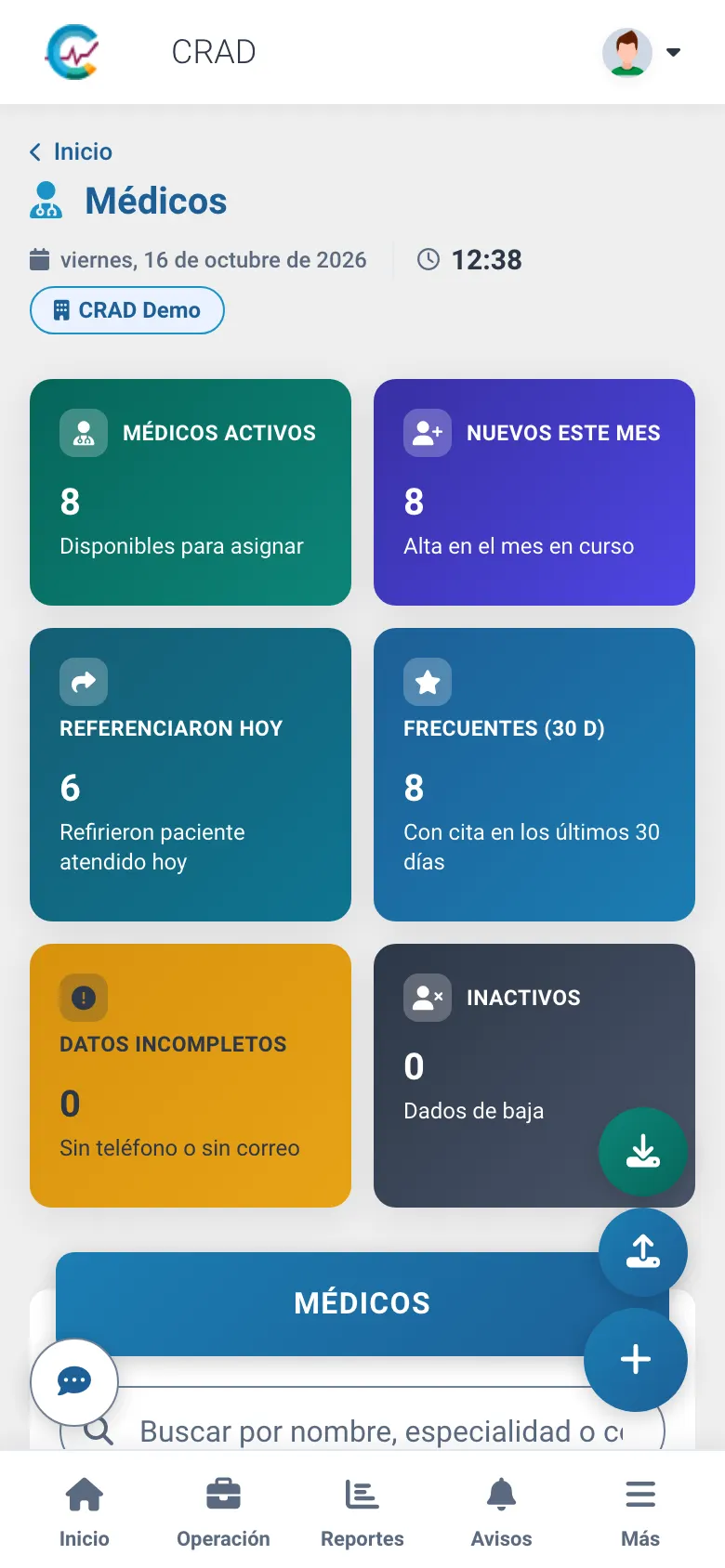 Lista de médicos y odontólogos referidores con indicadores de actividad (en el teléfono)