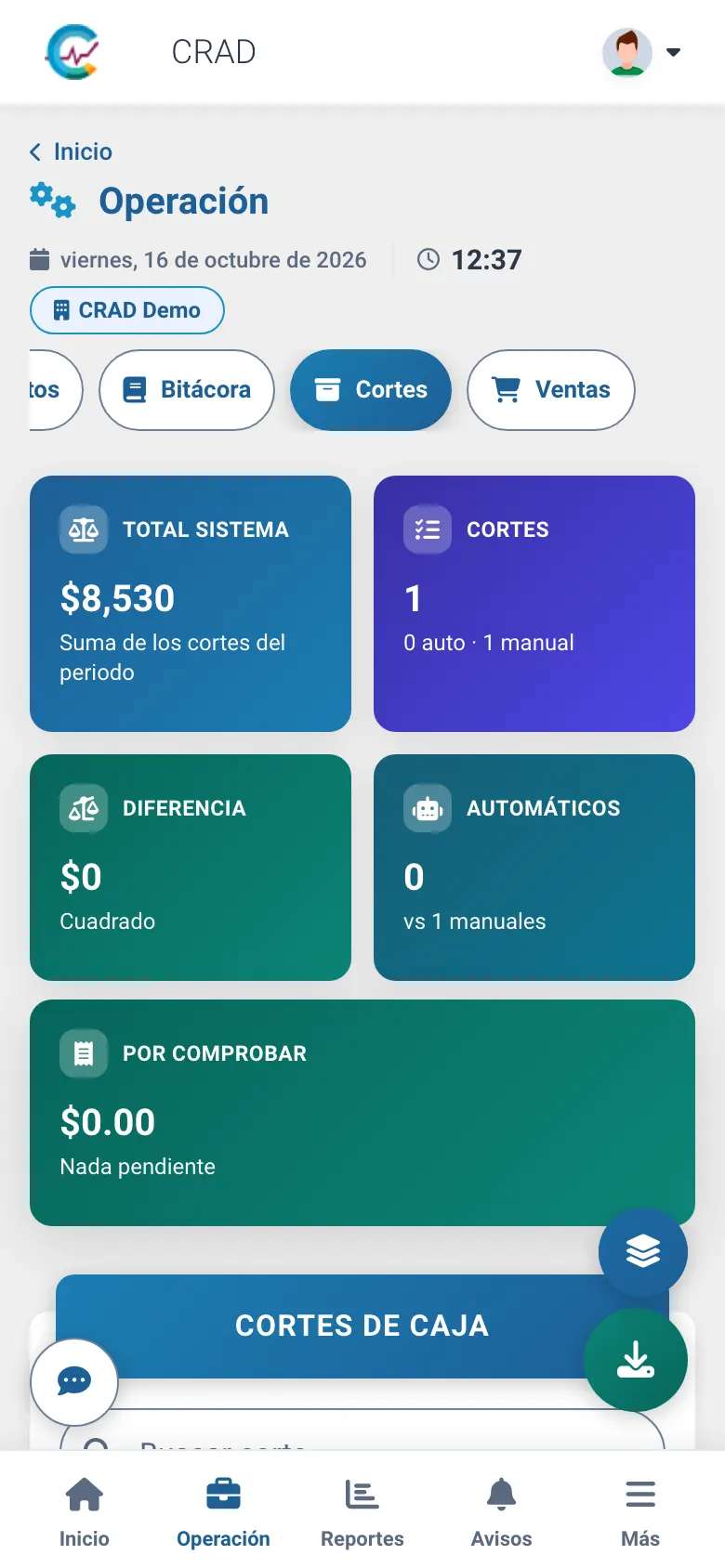 Cortes de caja de todas las sucursales con total, diferencia y faltantes por comprobar (en el teléfono)