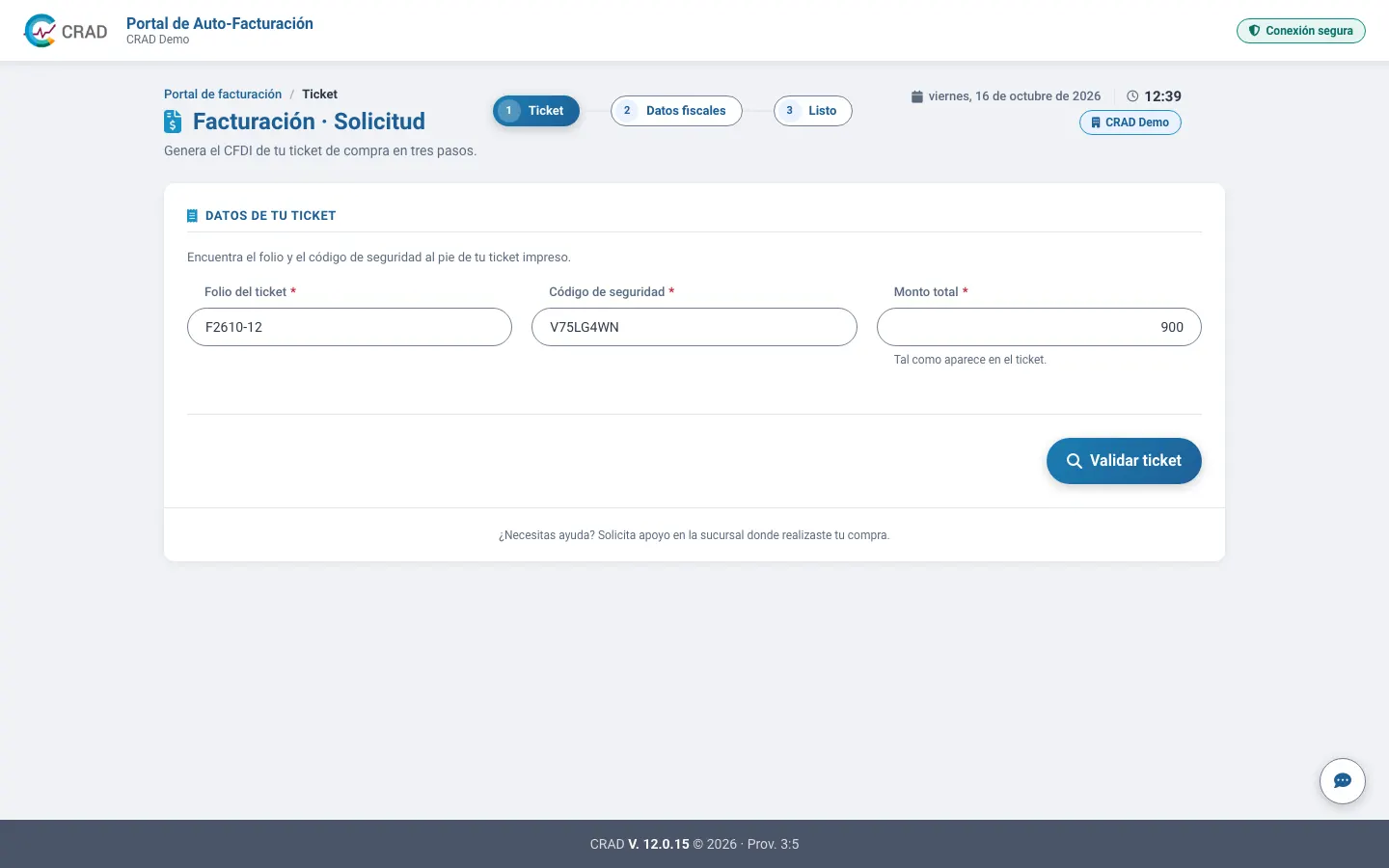 Portal de autofacturación de CRAD Demo con los datos del ticket capturados