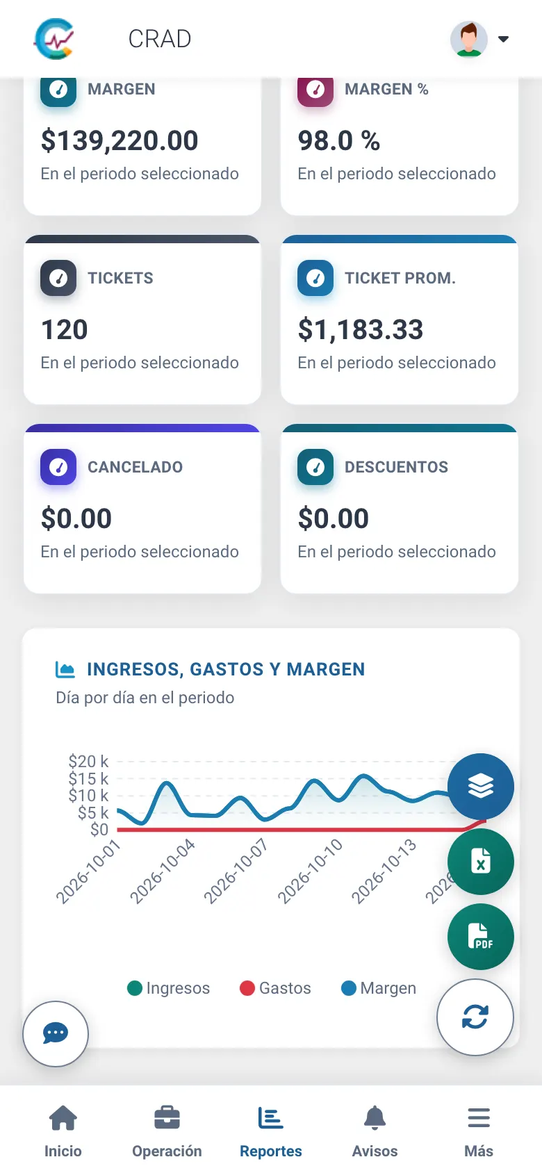 Reporte ejecutivo con ingresos, gastos, margen y la gráfica diaria (en el teléfono)