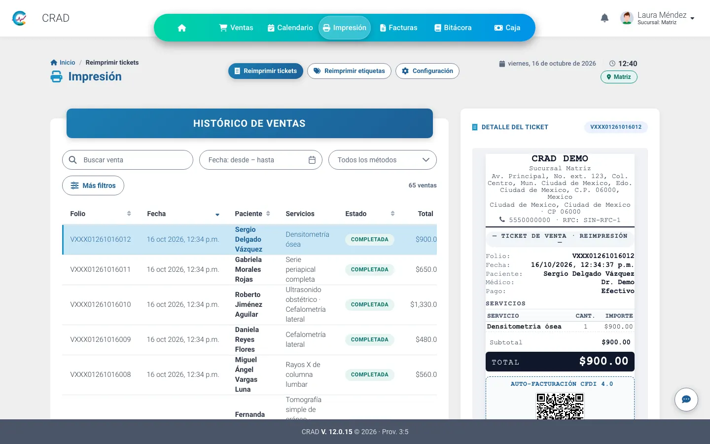 Historial de ventas con la vista previa del ticket impreso